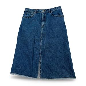 Karen by Simonsen Danish Design Denim Midi Skirt Fringed Hem Size 10 Blue Fall
